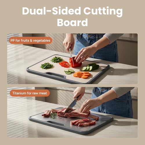 Image of SMIRLY Titanium Cutting Board for Kitchen, with Holder, 3 Pack, Silver | Food-grade Titanium Surface with a Non-porous, Double-sided Design for Easy Cleaning and Hygienic Food Prep