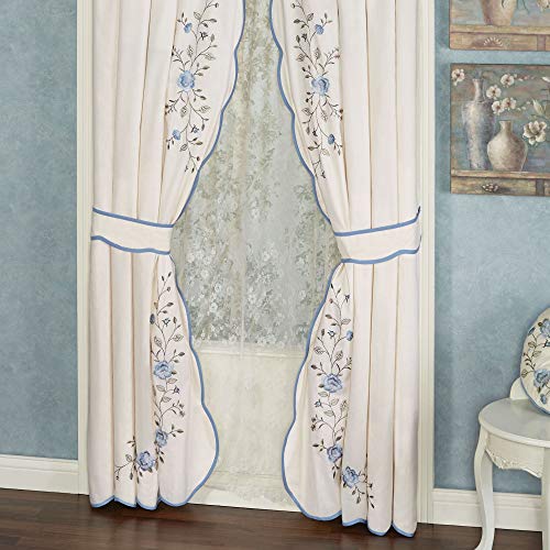 Touch of Class Antique Charm Dusty Blue Embroidered Floral Window Curtain Pair Tailored 84 x 84 - Made of Cotton - Elegant Window Treatment - Scalloped Edges - Embroidery Design - 3 Inch Rod Pockets