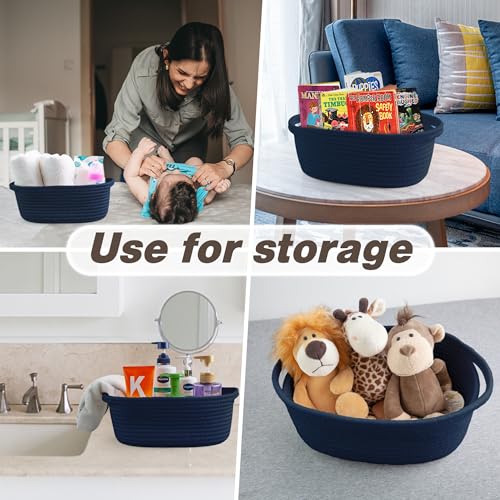 Image of Pro Goleem Small Woven Basket with Gift Bags and Ribbons Durable Baskets for Gifts Empty Small Rope Basket for Storage 12 inchX 8 inch X 5 inch Baby Toy Baskets with Handles, Navy Blue