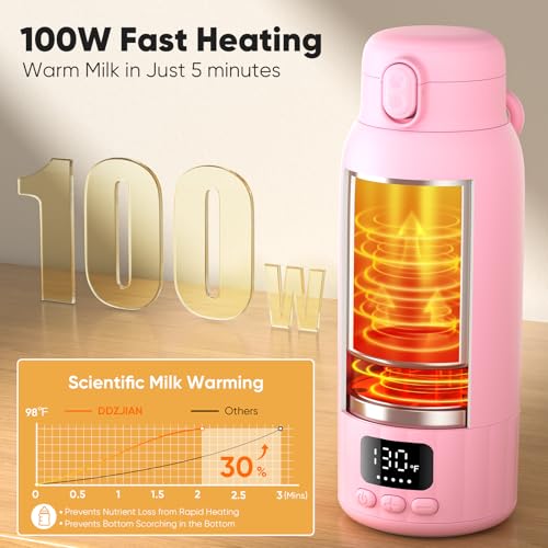 Image of Portable Bottle Warmer for Travel, Fast Heating Milk Warmer On The Go, 17 OZ Water Warmer for Milk, Formula, Water, Temp Control 98F -131F, Baby Essentials for Outdoor Airplane Car Journey, Pink