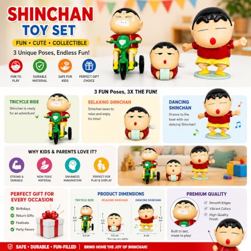 Image of Crayon Shin-chan Toy Set of 3 Moving Mechanical Toys for Kids | PVC Anime Action Figures | Tricycle, Crawling & Dancing Shinchan Collectible Mini Toys (Pack of 3)