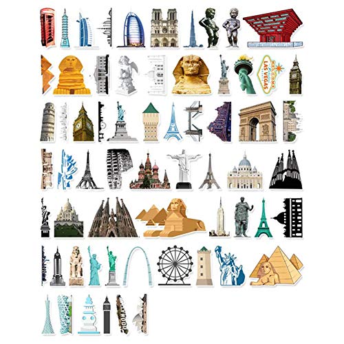 64 Pcs Landmark Building Stickers|World Famous Landmark Waterproof Vinyl Stickers for Bike Water Bottles Laptop Bicycle Refrigerator Cup Luggage Computer Mobile Phone Skateboard Decals