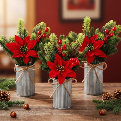 Tioncy 6 Sets Christmas Tabletop Centerpiece Artificial Poinsettias with Metal Vase Flower Picks Holly Red Berries Stem Pine Needles in Pots Faux Floral Arrangements for Home Table Party (Iron Color) by Tioncy - Image 2
