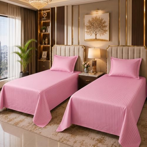 Image of Mafatlal 210 TC Italian Stripe Single Bedsheet Set with Pillow Cover (60 x 90 Inches) | 100% Cotton | Hotel Collection | Soft Breathable Flat Bed Sheet | Blush Pink