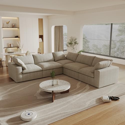 WJShome Cloud Modular Sectional Sofa,160.6" Down Filled 5 Seater Couch,V Shaped Oversized Convertible Sectional Sofa for Living Room,Covers Removable & Washable, Khaki