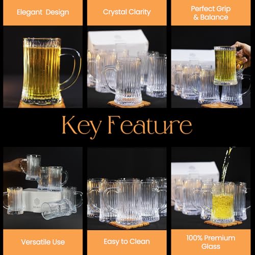 Image of Melbify Beer Mug | 550 ml | Set of 6 | Ribbed Design | Mug with Handle | Classic Beer Glasses | Premium | Heavy | Perfect for Beer, Cider,Cocktails,Mocktails | Gift Set