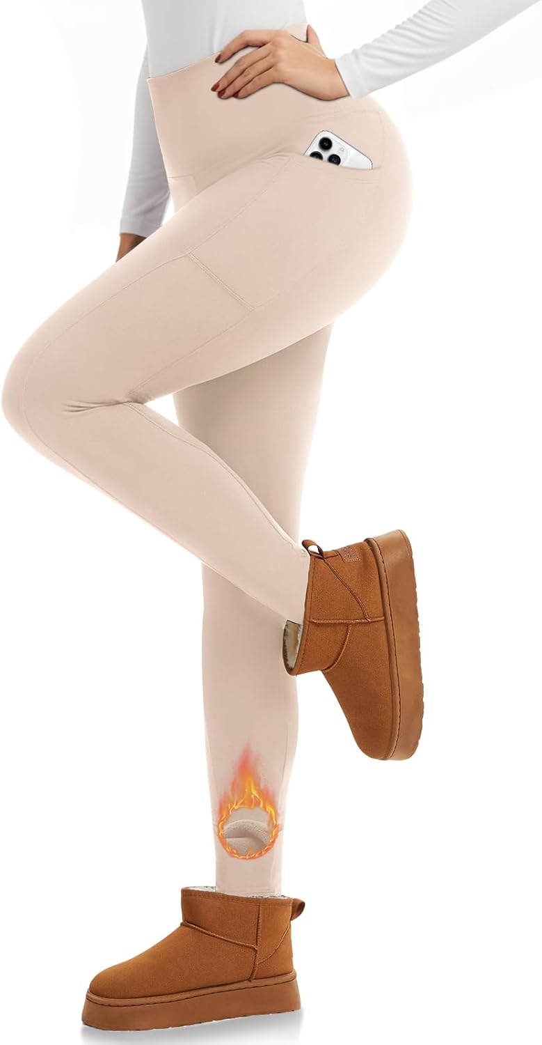 iaoja Fleece Lined Leggings Women with Pockets - Thermal High Waist Tummy Control Yoga Pants Winter Workout Running Pants