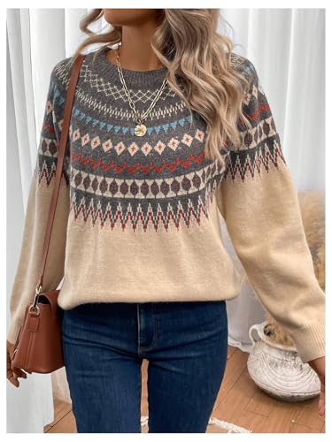 Image of BEAUDRM Women's Geometric Pattern Sweater Long Sleeve Crewneck Fair Isle Sweaters Christmas Pullovers Top Multicolor Large