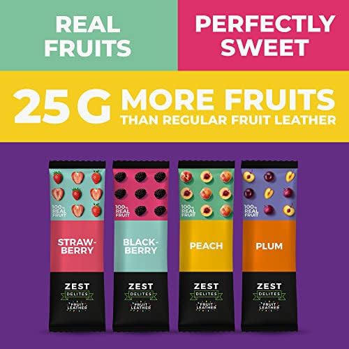 Zest Delites Fruit Leather Snacks, Gluten Free Vegan Healthy Snacks for Adults and Kids, Bulk Variety Snack Pack, 0.88 oz (Pack of 36) Strawberry, Blackberry, Apricot, Plum Fruit Bars