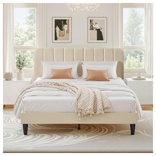 VECELO Lit Double Rembourré 140x190 cm, Support à Lattes en Bois Solide, Tissu Velours, Facile à Assembler, Beige