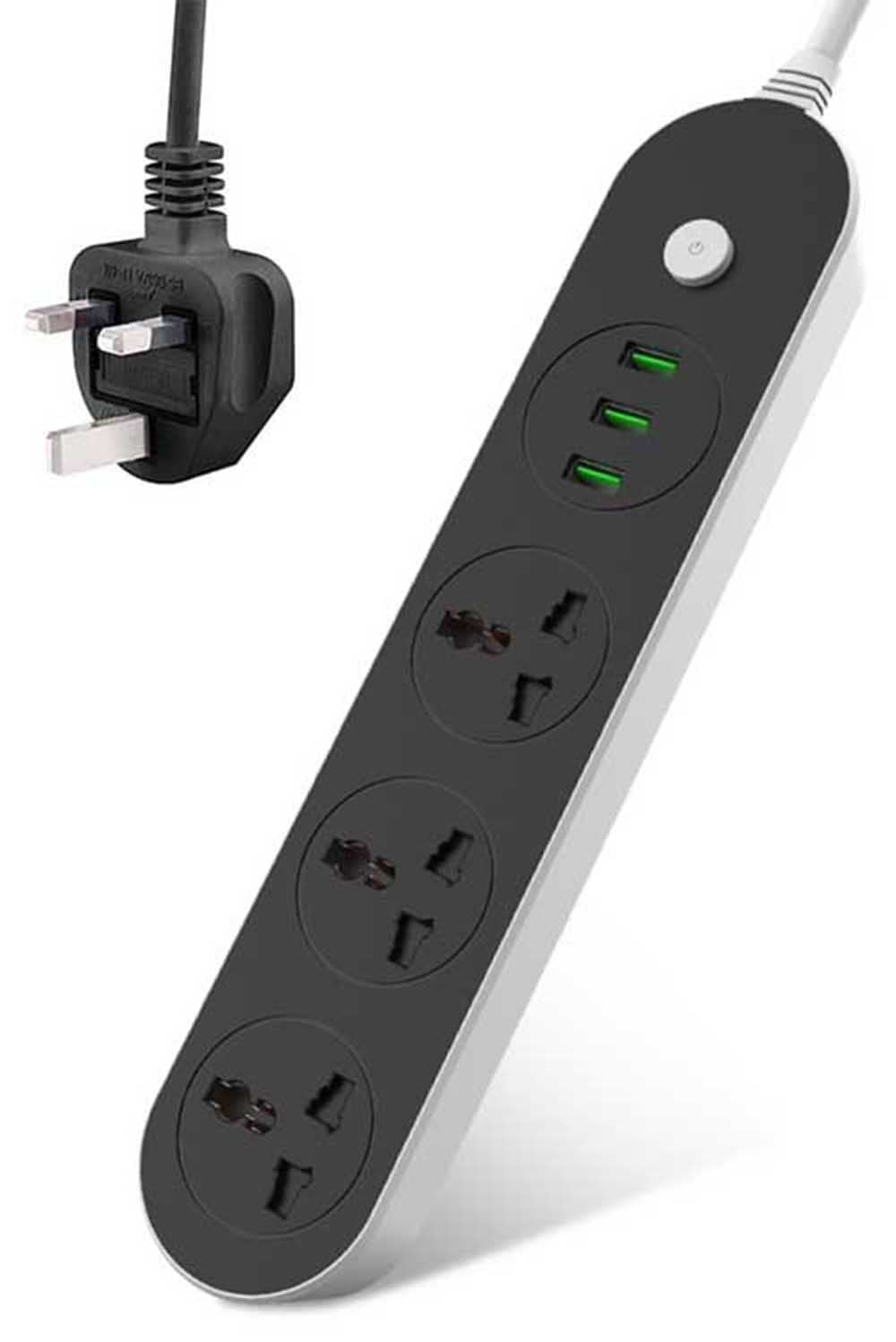 TAGU Universal Extension Lead Power Strip Plug Adapter with 3 Way Cable 3 USB Ports Surge Protector (2M/T56, Gray)