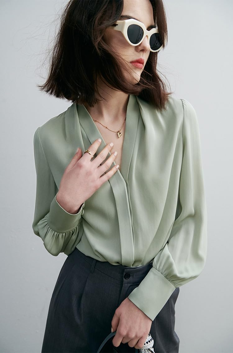 Blusa de Seda Crepe elástica de Manga Larga para Mujer