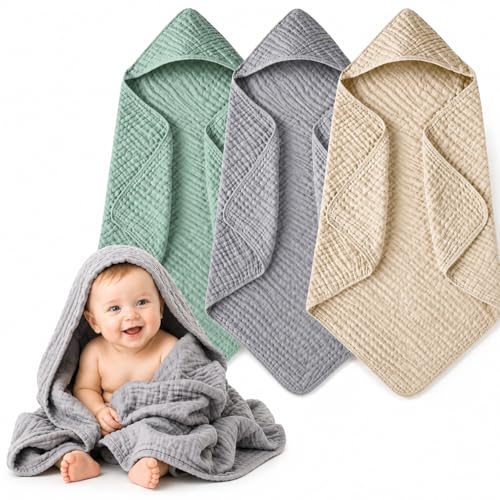 Image of Momsnug 3-Pack Muslin Hooded Baby Towels, 100% Cotton, Ultra-Soft & Absorbent Baby Bath Towels with Hood for Babies, Infant, Toddler and Newbron(Green + Grey + Apricot,35" X 35''
