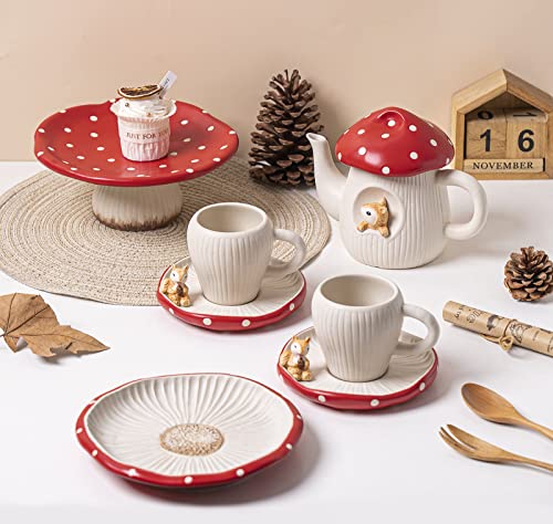 RESVUGA Cute Mushroom Teapot, Handmade Glaze Polka Dot Lid, Safety Matt Ceramic Tea Pot, With squirrel decoration. 23 oz / 680 ml. Best Gifts for Women & Girls.