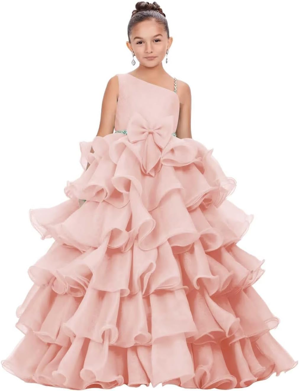 Flower Girl Dress for Wedding Tulle Tiered Ruffles Party Dresses First Communion Dress with Bow Ball Gown F004
