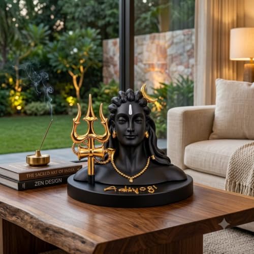 Image of Premium Lord Shiva Bust Idol with Trishul & Damru | Black and Golden Mahadev Statue for Home Decor, Office Desk, Temple & Spiritual Gift