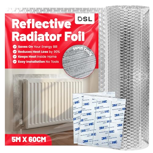 DSL Radiator Reflector Foil 5m x 60cm - 3.6mm Thick Bubble Wrap Insulation Roll - Energy Saving Helps Winter Bills Radiator Foil - Rflection Insulation Roll Heat Deflector for Home Heating Efficiency