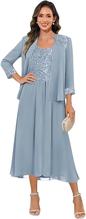 Sequin Mother of The Bride Dresses for Women with Jacket Chiffon 2 Pieces Tea Length Formal Evening Party Gowns