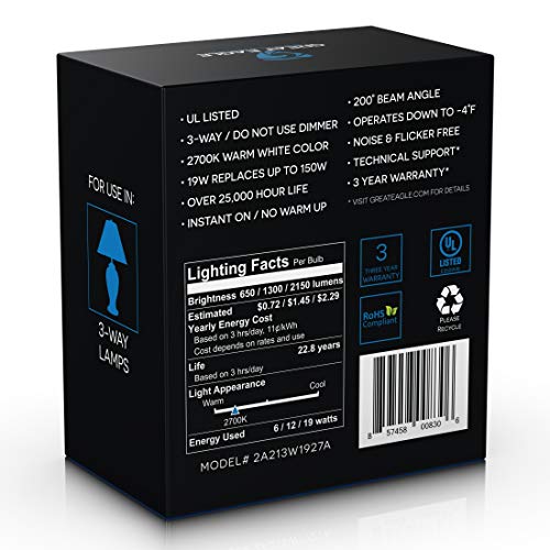 Great Eagle 50/100/150W Equivalent 3-Way A21 Led Light Bulb 2700K Warm White Color (2-Pack) #TOP4
