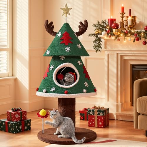 YITAHOME Christmas Cat Tree, 47.2in Christmas Tree Cat Tower with Teaser Ball, Festive Kitty Bed Furniture for Small Cats