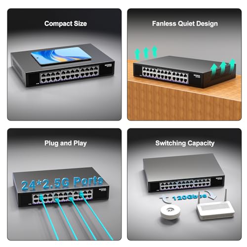 Image of 24 Port 2.5Gb Ethernet Switch Unmanaged, NICGIGA 24 Port 2.5G Network Switch, Plug & Play, Desktop or 19-inch Rack Mount, Fanless Metal Design.
