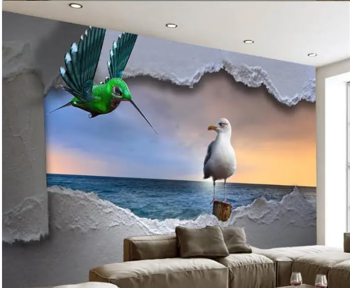Fond d'écran coucher de soleil poétique, oiseaux de mer en vol, fresque murale 3D