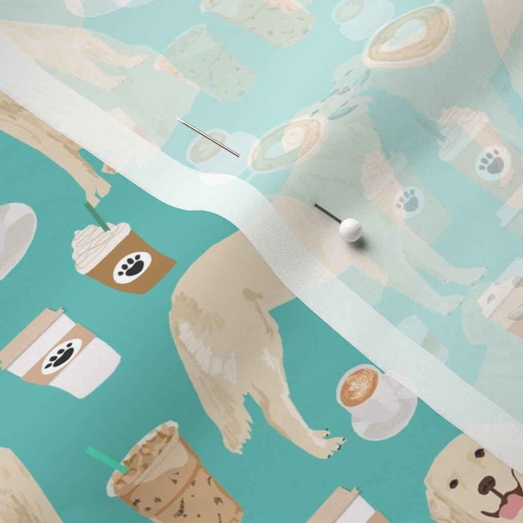 Spoonflower Fabric - Golden Retriever Turquoise Coffee Dog Dogs Coffees Nursery Pet Printed on Chiffon Fabric by The Yard - Sewing Fashion Apparel Dresses Home Decor