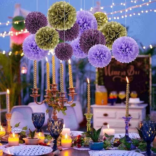 Image of 18 PCS Tissue Paper Pom Poms, Tissue Pom Poms Flowers, Sizes of 6 inch, 10 inch, 12 inch, 14 inch Hanging Paper Flower Ball for Wedding, Birthday, Halloween, Christmas, Baby Shower Party Decor (Gold Purple)