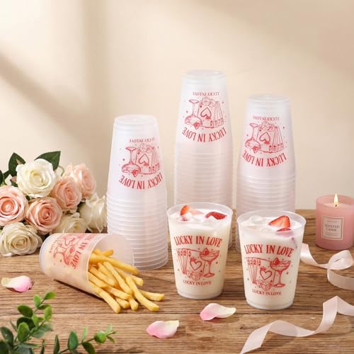 Tioncy 50 Pcs 16oz Lucky in Love Frosted Cups Bachelorette Party Plastic Cup Lucky in Love Plastic Cup Las Vegas Bachelorette Reusable Bulk for Valentine Party Drink Supplies