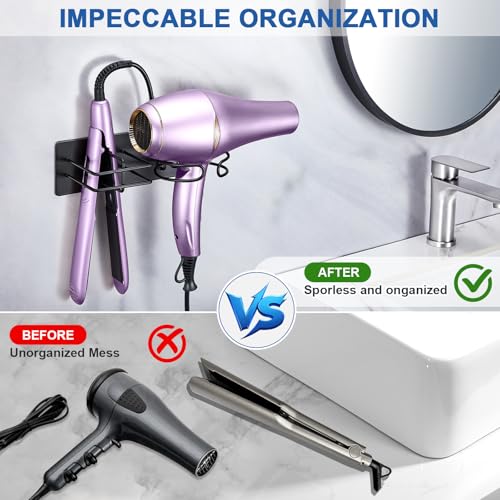 XILIMEN Hair Dryer and Straightener Holder Wall Mounted, Self Adhesive Metal Blow Dryer and Flat Iron Curler Storage Organiser Stand for Dressing Table Bathroom (Black) - Image 8