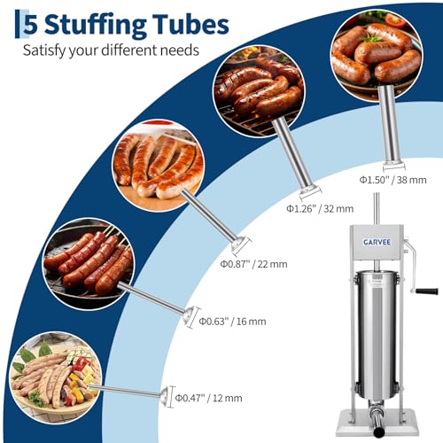 Image of Premium Vertical Sausage Stuffer Machine 7L with 5 Stainless Steel Stuffing Tubes, Detachable Parts for Easy Cleaning, Commercial and Home Use