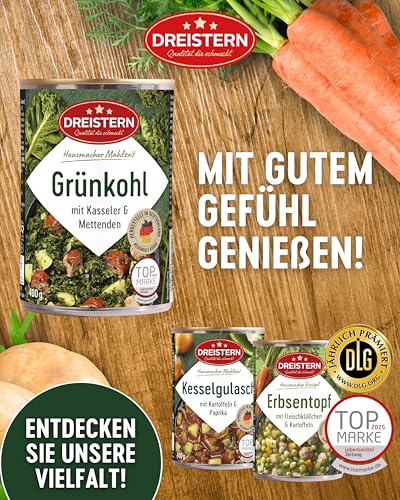 DREISTERN Grünkohl 400g I Mit Gemüse & Kartoffeln I Herzhaftes Fertiggericht in recyclebarer Konservendose I Lange Haltbarkeit dank natürlicher Konservierung I Hausmacher Qualität