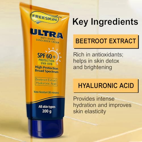 Image of Freeskin Ultra Anti-Aging Sunscreen Cream SPF 60+ | Broad Spectrum UVA /UVB High Protection | Enriched with Beetroot Extract & Hyaluronic Acid | Suitable for All Skin Types - 200g