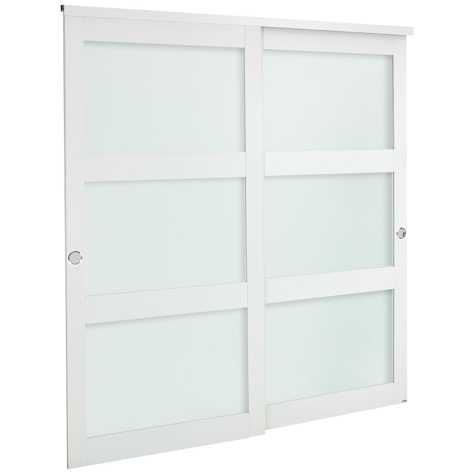 VEVOR Puerta Corrediza de Armario, para Huecos de 1829 x 2032 mm, Puerta Doble de 3 Paneles de Vidrio Esmerilado con Kit de Herrajes, Madera Maciza y MDF, Superficie de PVC Impermeable, Blanco