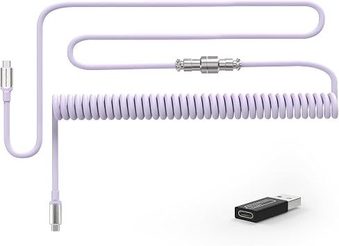 ATTACK SHARK C04-C Coiled USB C Cable for Mechanical Keyboard with USB to USB C Adaptor, Type C to Type C, TPU Double Sleeved Spring Charging Cable with 5-Pin Metal Aviator Connector, 4.92ft Length