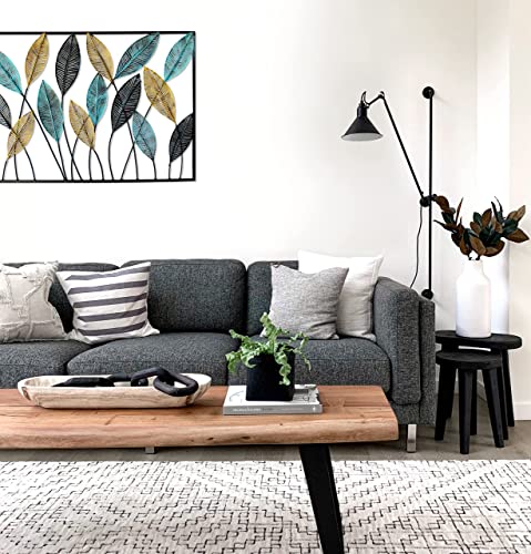 Image of iHandikart Modern Metal Wall Art | 31x22 Inch Horizontal Botanical Leaf Sculpture | Gold, Blue, & Black Framed Decor for Living Room, Dining Room, and Office