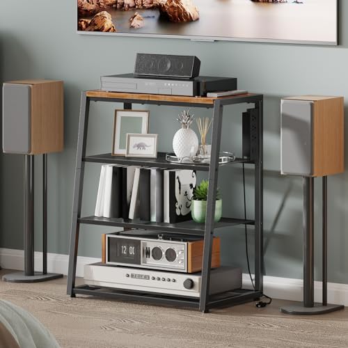 HOOBRO 4-Tier AV Media Stand, Stereo Stand with Charging Station and LED Light, Wooden Stereo Cabinet, Rack Audio Tower, Corner Entertainment Center, 30'', Rustic Brown and Black BF107UDCJ01 - Image 5