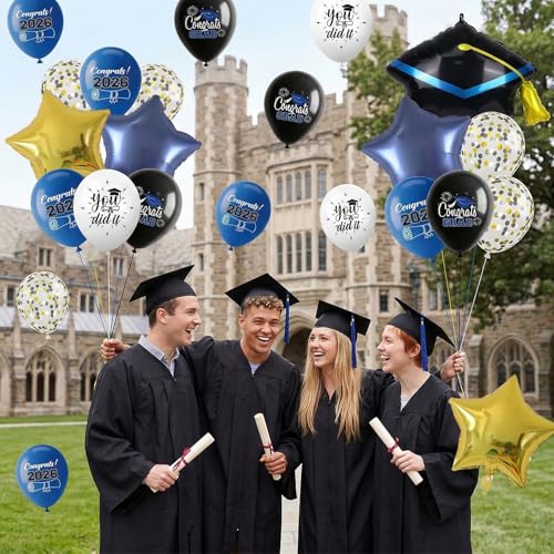 Image of Graduation Balloons for Class of 2026 Decorations Royal Blue Black Gold Silver Confetti Latex Balloons Helium Graduation Hat Balloon Metallic Blue Gold Star Foil College Grad Party Decor Supplies