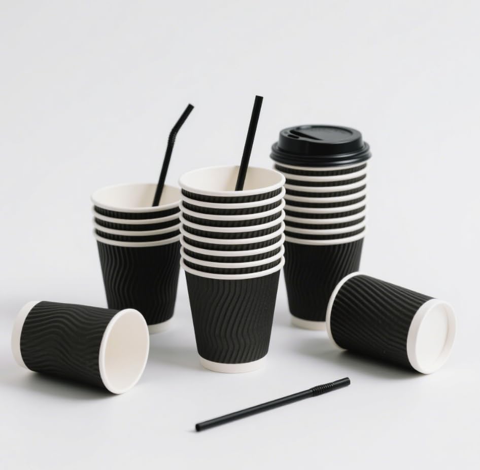 50 Set 12 oz Black Ripple Paper Cups with Lids and Straws, Insulated Disposable Coffee Cups for Hot and Cold Drinks, Corrugated To-Go Cups for Office, Cafes, Parties, and Events