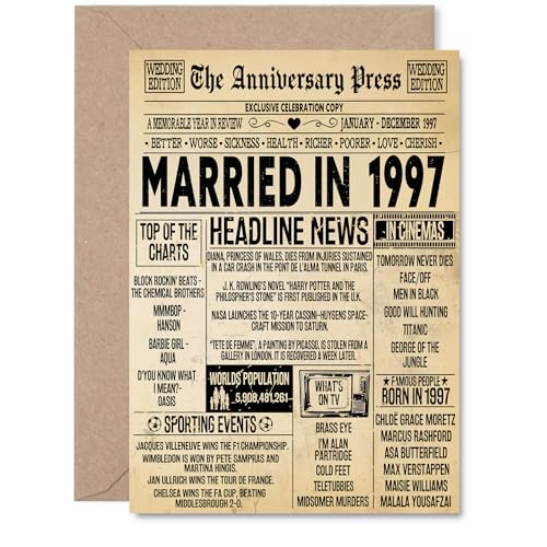 29th Anniversary Card for Men Women - Vintage Newspaper Married in 1997-29 Year Wedding Anniversary Card for Partner Wife Companion Husband, A5 Anniversaries Greeting Cards