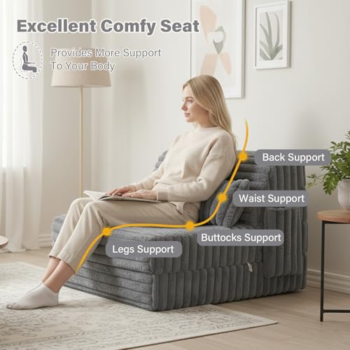 Image of Tiita Folding Sofa Bed Convertible Sleeper Chair Mattress with Pillow & Side Pocket, Thick Corduroy Floor Mattress Couch Bed, Single Size, Grey