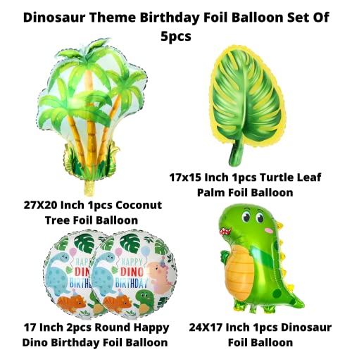 Image of Party Decorz Dinosaur Foil Balloon Set Of 5pcs (1pcs Tree Balloon + 1pcs Leaf Balloon +2pcs Round Happy Birthday Balloon + 1pcs Dinosaur Balloon) For Kids Dinosaur Theme Birthday Party Decoration
