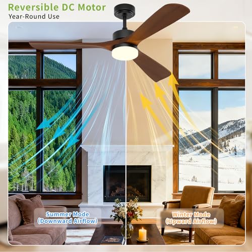 Image of Ceiling Fans with Lights, Solid Wood Blade, 45 W Reversible DC Motor <20 dB Ultra-Quiet for Home Living, 3 CCT, 6 Speeds, 6200 CFM, 52 Inch Suitable for Indoor and Outdoor