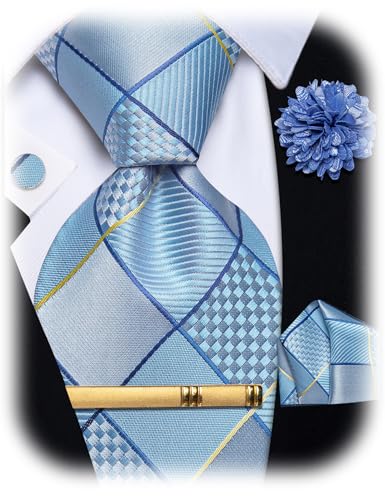 Image of YourTies Striped Plaid Ties for Men Silk Formal Necktie Set | 3.15 inch(8cm) Woven Jacquard Mens Ties with Necktie Pocket Square Cufflink Tie Clip Lapel Pin for Wedding Business Party