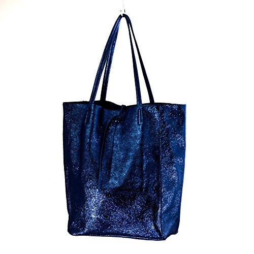 Genuine Leather Made in Italy Metallic Tote/Shopper Handbags (Navy Blue)
