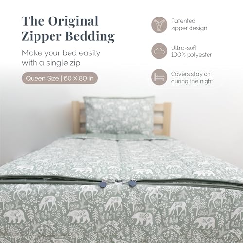 Image of Beddy's Fantasy Woodland Durable Zipper Bedding for Kids - Bed in a Bag - Sage Green Sheets with Woods, Nature, Animals Comforter - Includes 2 Pillowcases & 2 Shams - Queen