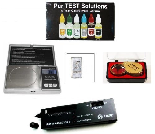 Pro Scrap Jewelry Organizer Kit-PuriTEST Box of Test Acids, Digital Diamond Tester, Electronic Jewelry Scale, Magnifying Glass, and Free Solid Silver Bar