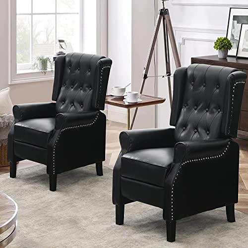 Harkawon Push Back Wingback Recliner Chair Leather Armchair Tufted Wing Back Reclining Chair With Rivet Decoration Manual Pushback Recliner For Living Room Bedroom (2 Chair, Black) #TOP29