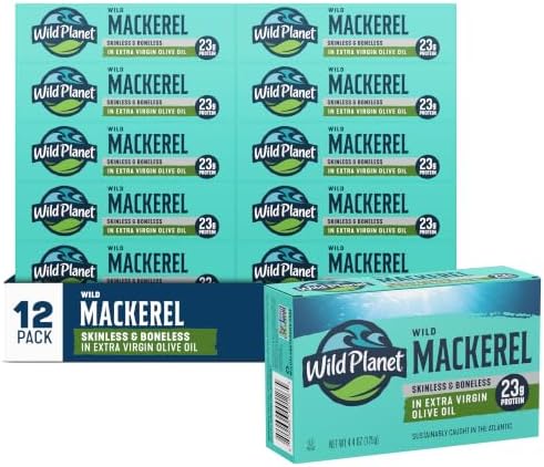 Wild Planet Skinless and Boneless Mackerel in EVOO, 4.4 Oz Can, Pack of 12