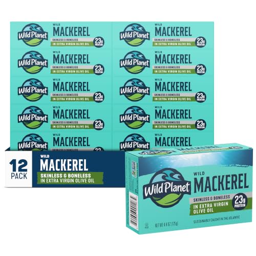 Wild Planet Skinless and Boneless Mackerel in EVOO, 4.4 Oz Can, Pack of 12